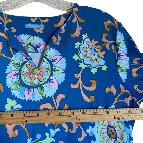 J. McLaughlin Shift Dress L Blue Floral Knee Length 3/4 Sleeve Career Party - Picture 3 of 7